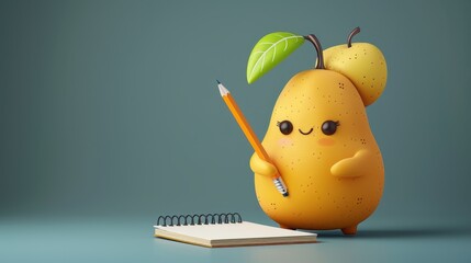 fruit in school, joyful cartoon pear ready for school, equipped with pencil and notebook, excited to begin the day of learning