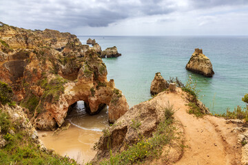 The spectacular stacks and cliffs at Praia da Prainha, Algarve, Portugal.	