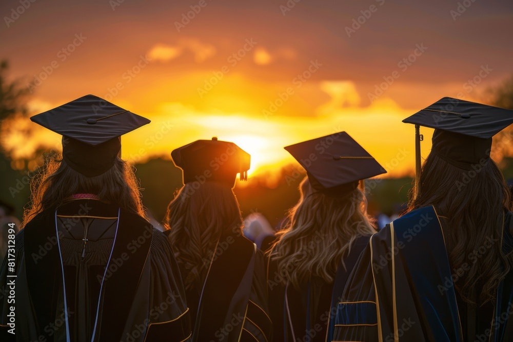 Wall mural graduate students wearing graduation gowns and caps at sunrise or sunset, view from behind - Wall murals
