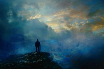Obraz premium Man Standing on Mountain Summit With Clouds Background. Generative AI