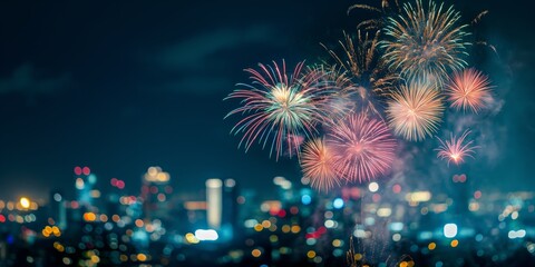 A breathtaking fireworks display illuminates the night sky above a city skyline, showcasing a festive celebration