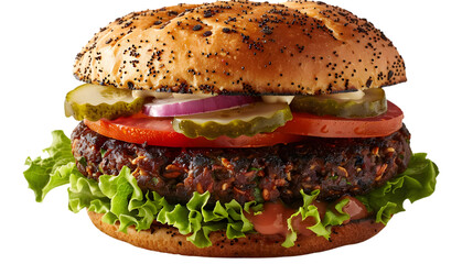  A mouthwatering veggie burger showcasing a plant-based patty, topped with lettuce, tomato, onion, and avocado, transparent background