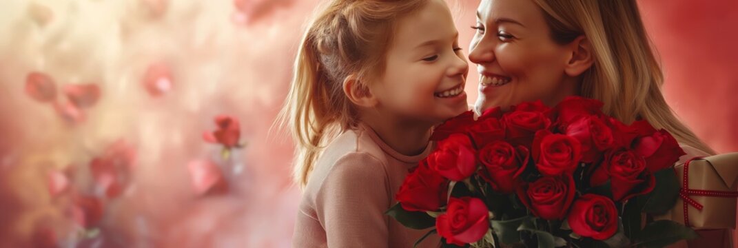 A smiling woman and little girl embrace with a bouquet of red roses, symbolizing motherly love and family affection