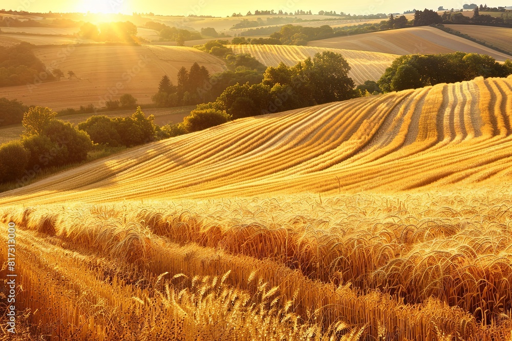 Poster a vast wheat field in tuscany glows golden under the setting sun, creating a warm and vibrant landsc