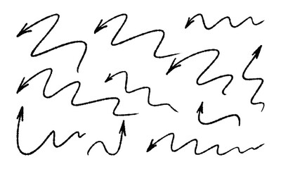 Eleven curved handwritten arrows of different shapes. Set of vector doodles and squiggles