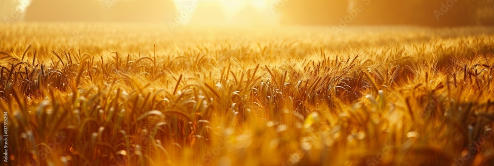 Poster a vast field of wheat glowing golden under the bright suns rays, symbolizing a bountiful harvest in 
