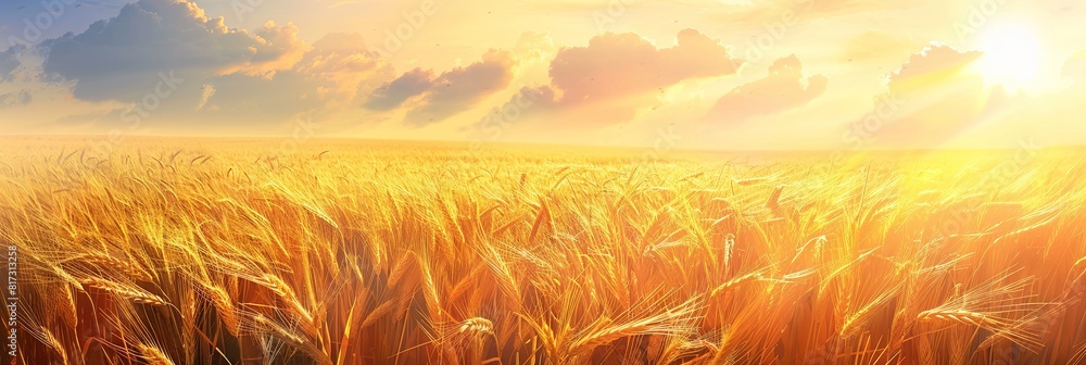 Poster A sun setting behind a golden wheat field, casting a warm glow over the ripened crops. Generative AI