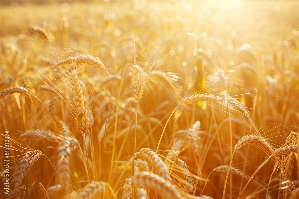 Poster ripe golden wheat swaying in a field under the warm hues of a setting sun. generative ai