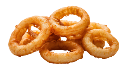  A neat pile of battered onion rings with their golden-brown crust illuminated perfectly, transparent background