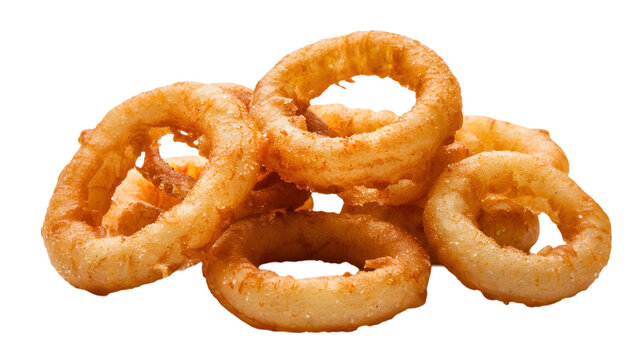  A neat pile of battered onion rings with their golden-brown crust illuminated perfectly, transparent background