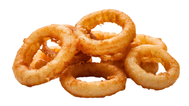  A neat pile of battered onion rings with their golden-brown crust illuminated perfectly, transparent background