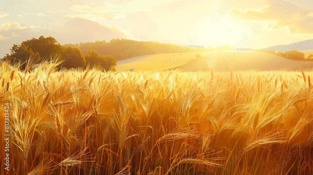 Poster a golden wheat field glowing in the sunsets warm light. generative ai