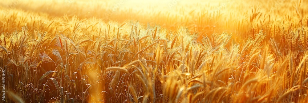Poster A field of golden wheat illuminated by the suns rays. Generative AI