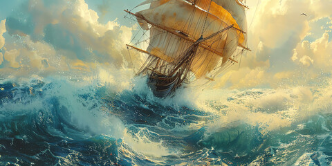 Capture a close-up shot of a dynamic Maritime Adventure scene using oil painting techniques