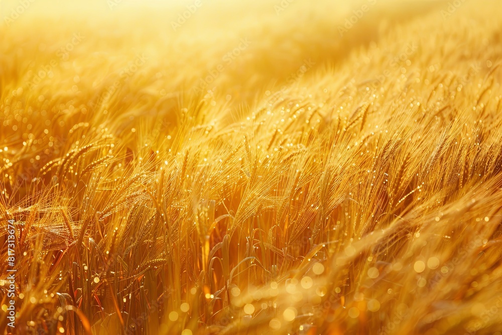 Poster ripe wheat glistens in golden hues under the setting sun in a vast field. generative ai
