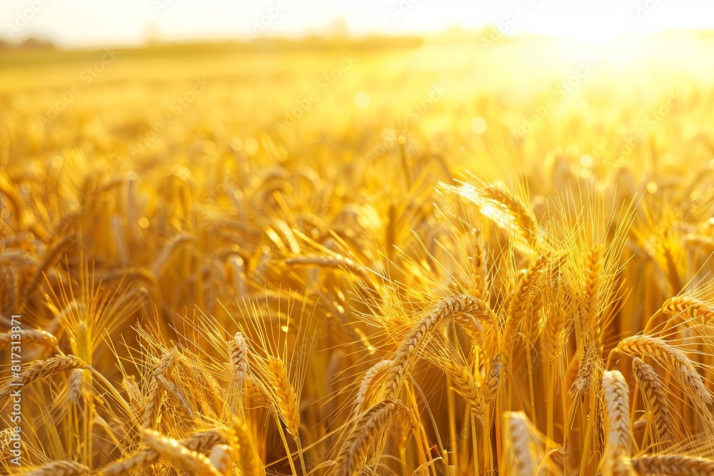 Poster a field filled with golden wheat under the warm hues of a setting sun. generative ai