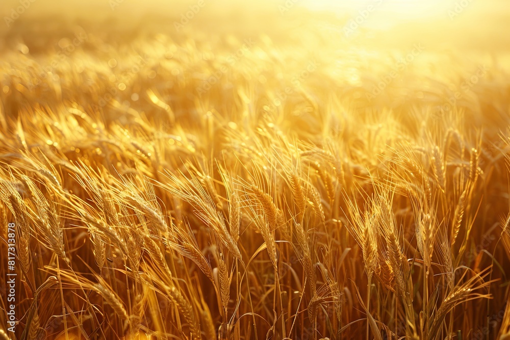 Poster Sun setting over fields of golden wheat, creating a warm glow. Generative AI