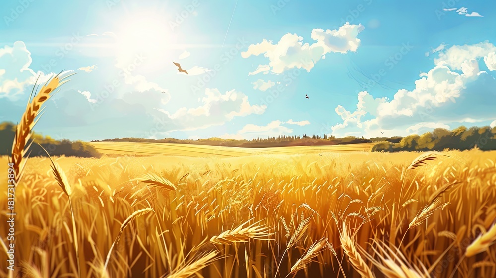 Poster a vast wheat field glows under the bright sun, displaying golden crops reaching towards the sky. gen