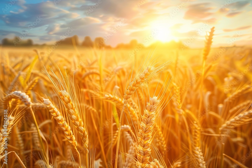 Poster A wheat field with the sun setting behind it, casting a warm golden glow over the crops. Generative AI