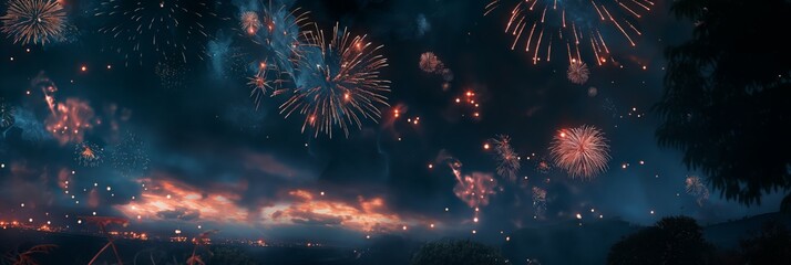 An expansive fireworks display lighting up the night with bursts of colors against a dusk sky
