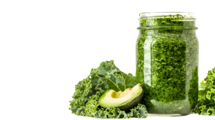  A nourishing green smoothie made from kale, spinach, and avocado, in a glass jar, transparent background