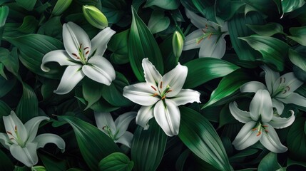 Fototapeta premium Background of green leaves and white lily flowers. Juicy bright foliage.The texture of large leaves and buds. Beauty is in nature.