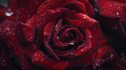 Capture the stunning macro shot of a dark red rose adorned with delicate water droplets showcasing an extreme close up with a beautifully blurred background