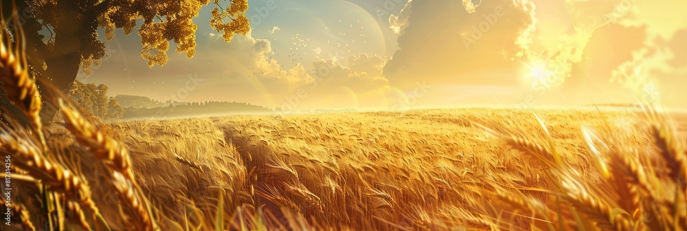 Poster A wheat field illuminated by the warm hues of a setting sun, creating a golden glow over the crops. Generative AI