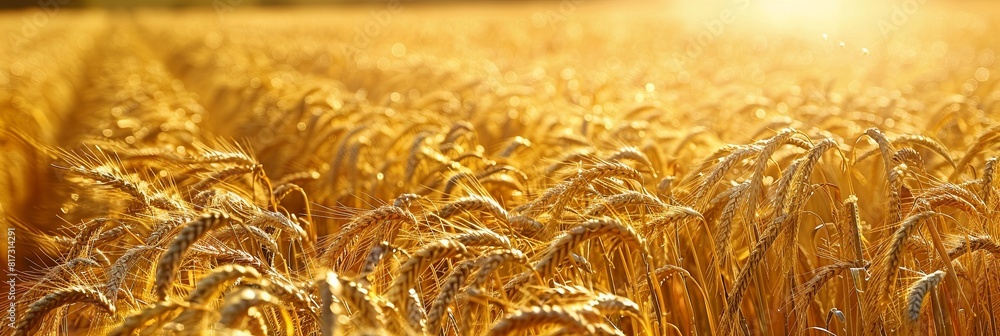 Poster ripe golden wheat sways in a sunlit field at sunset, creating a warm and vibrant scene. generative a