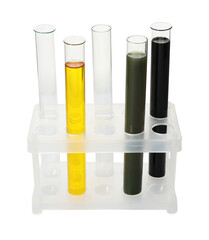 Test tubes with different types of oil isolated on white