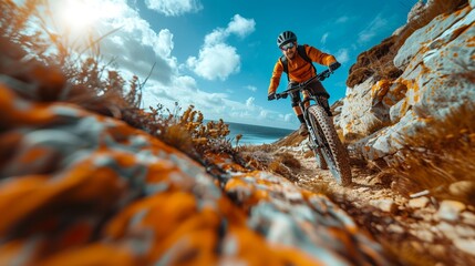 Cyclist riding along a sandy beach trail with ocean backdrop