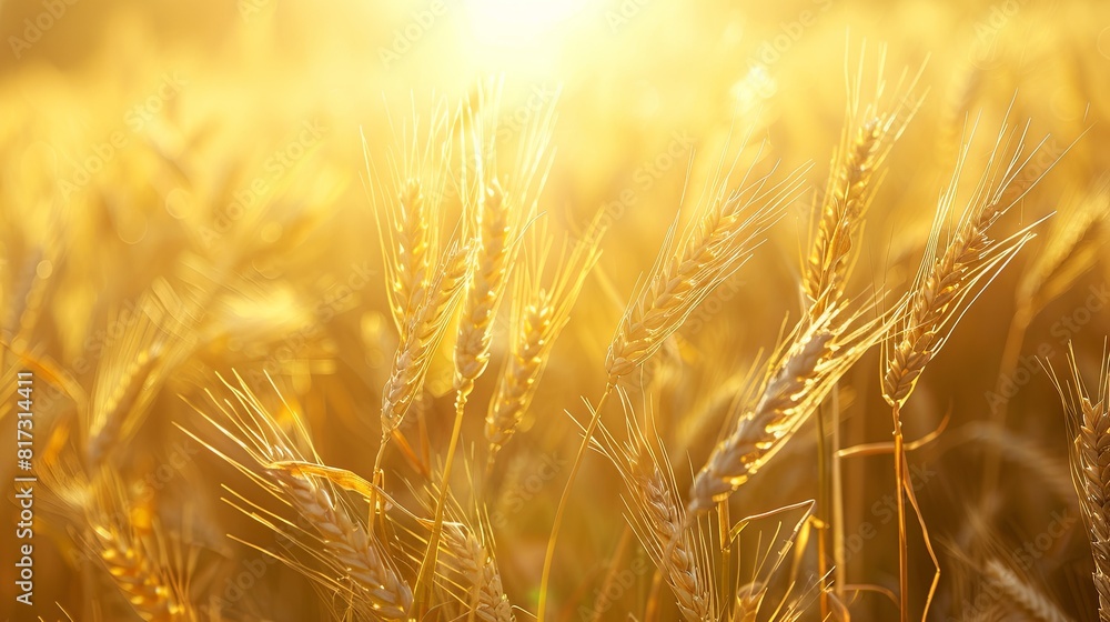 Poster A field of golden wheat illuminated by the setting sun. Generative AI