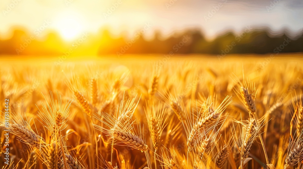 Poster vibrant golden wheat crops sway in the warm sunset light in a vast field. generative ai