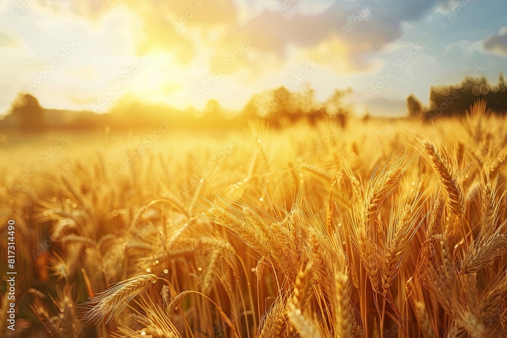 Aufkleber A field of golden wheat glowing under the setting sun, creating a warm and vibrant scene. Generative AI