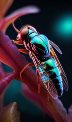 Fly, insect close-up, fly sitting on a plant. dark background