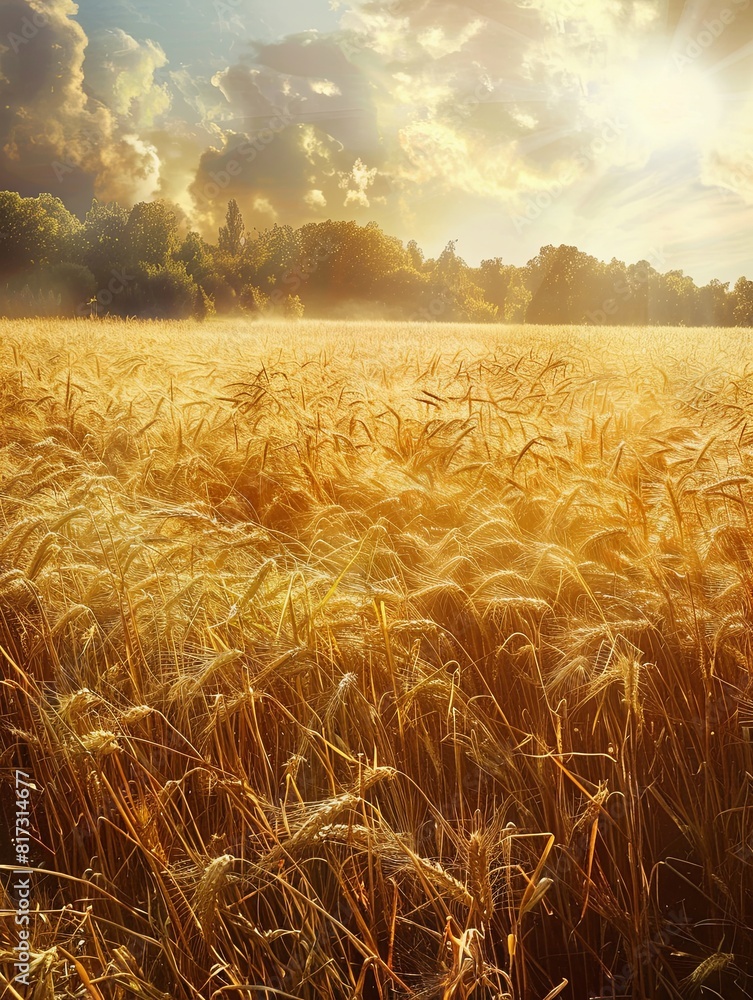 Poster Golden wheat field illuminated by the setting sun, creating a warm and glowing atmosphere. Generative AI
