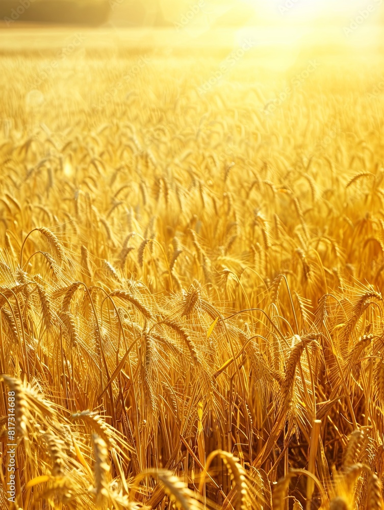 Poster sun setting over a vast wheat field, casting a golden hue over the ripe crops. generative ai