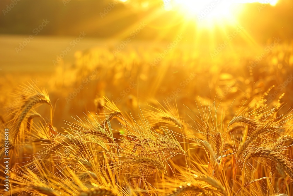 Poster a golden wheat field bathed in the warm glow of the setting sun. generative ai