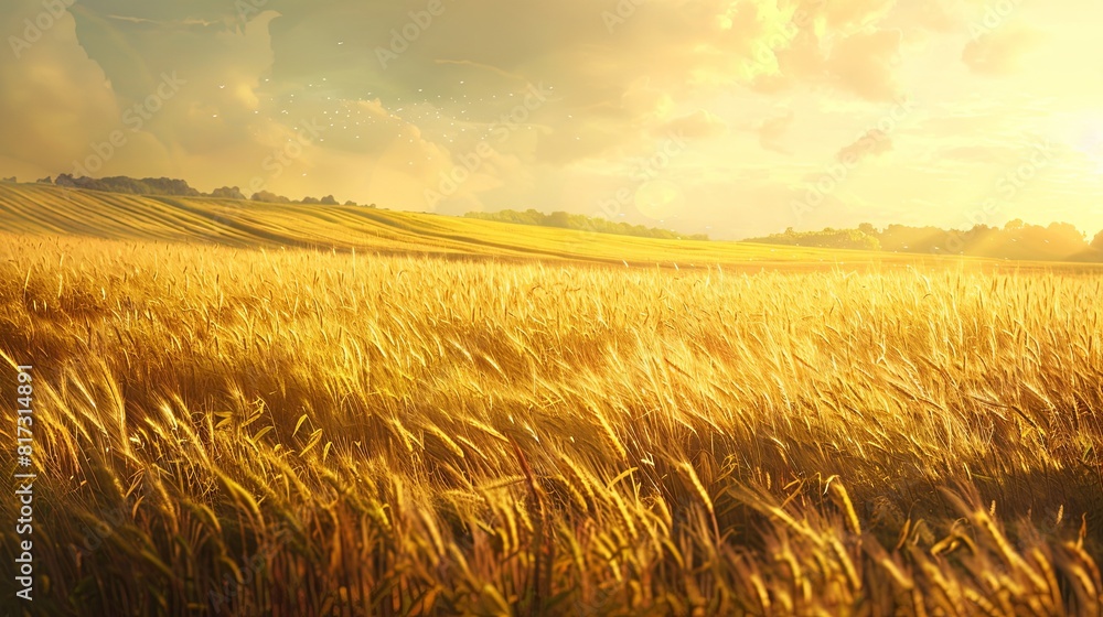 Poster A vast wheat field glows golden as the sun sets behind it, creating a warm and luminous scene. Generative AI