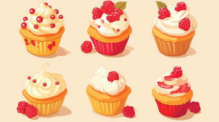 Tasty cupcakes with raspberries on beige background