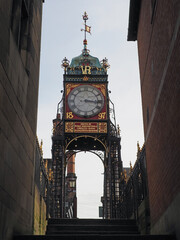 A close-up of the historic Eastgate Clock on the city walls in the historic city of Chester in the...