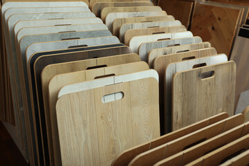 Many different samples of wooden flooring in store