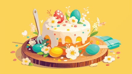 Tasty Easter cake with eggs and flowers on wooden t