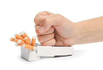 Stop smoking. Man crushing pack with cigarettes on white background, closeup