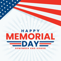 Memorial Day - Remember and Honor Poster. Usa memorial day celebration. American national holiday. Invitation template with red text and waving us flag on white background. Vector
