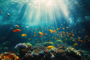 An underwater coral reef scene, diverse marine life, vivid colors, showcasing the beauty and...