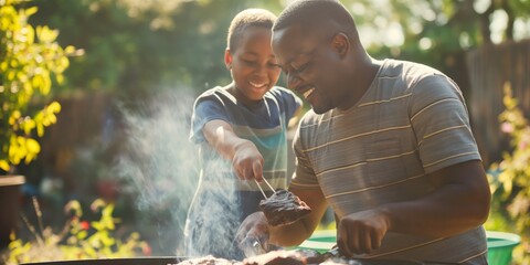 A father and his son enjoying a bonding moment while grilling food outdoors
