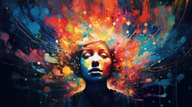 Abstract cosmic art portrait of woman stand before an explosion of vibrant color and celestial bodies. Imagination and universe exploration concept. Design for album cover, and creative poster. AIG35.