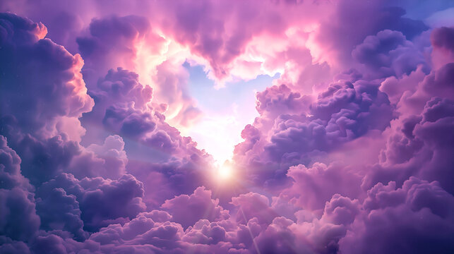 Pink heart shaped clouds at sunset. Beautiful love background with copy space. Clouds in the shape of a heart. Heart shaped clouds. Gate to love. Cloud of love. Valentines background. Fluffy heart