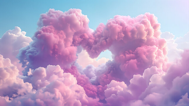 Pink heart shaped clouds at sunset. Beautiful love background with copy space. Clouds in the shape of a heart. Heart shaped clouds. Gate to love. Cloud of love. Valentines background. Fluffy heart
